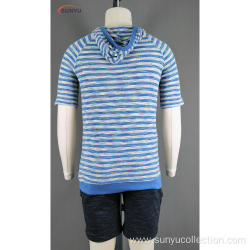 Men's yarn dyed short sleeve t-shirt with hood